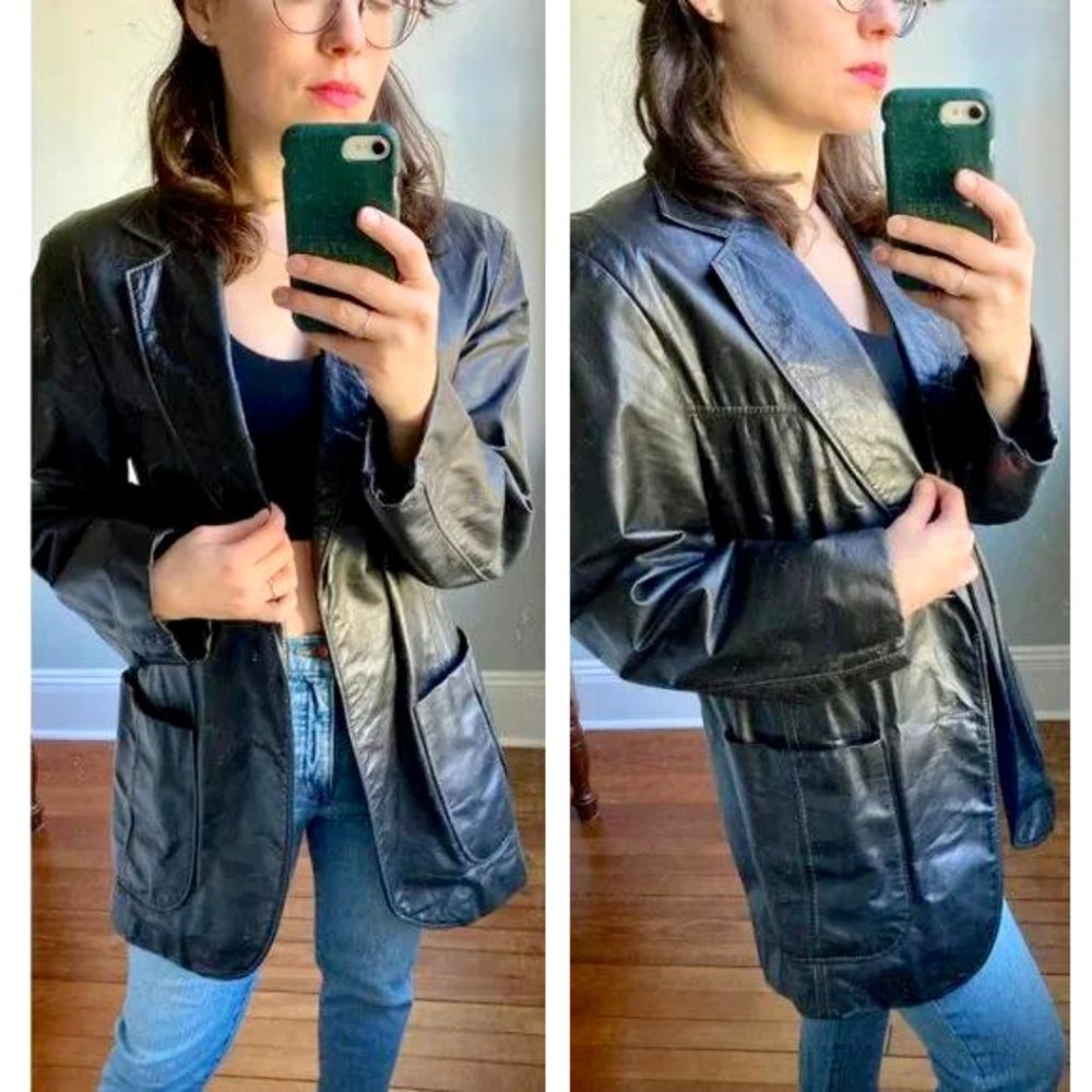 Vintage Y2K Black 100% Leather Edgy Matrix Blazer Jacket